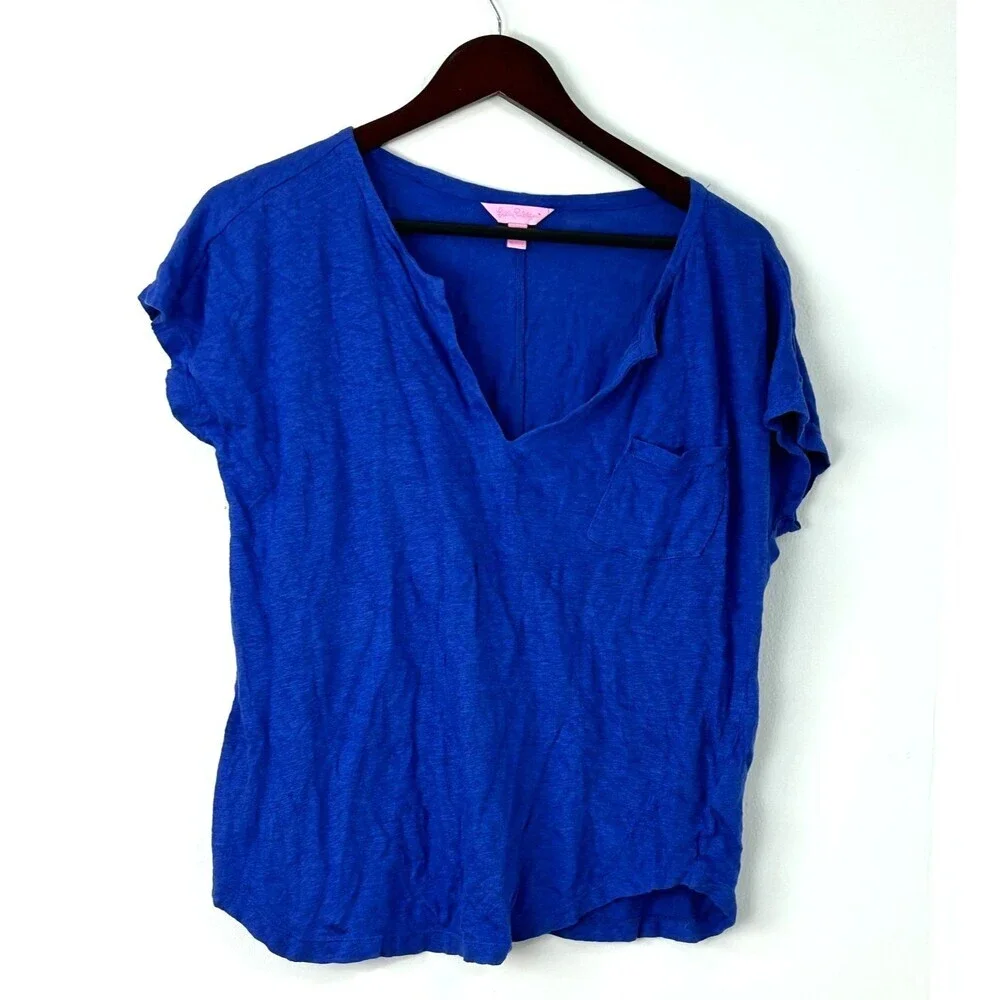 Lilly Pulitzer Shirt Women Medium Blue Linen Split Neck Cap Sleeve Pocket 1379T1 - Picture 2 of 10